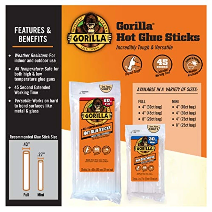 Gorilla Hot Glue Sticks, Clear Glue, Full Size 8" Long x 0.43" Diameter, 20 Count (Pack of 1) - Safe for All Temperatures with Extended Working Time by GORILLA - Image 3