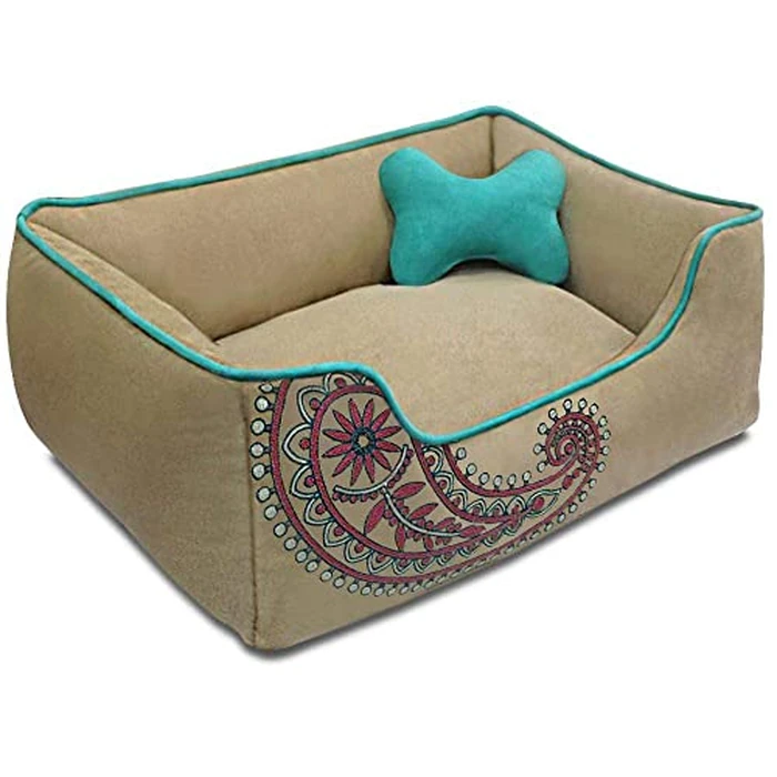 Blueberry Pet Microsuede Pet Bed, Recyclable & Removable Stuffing w/YKK Zippers, Machine Washable, for Cats & Dogs, 25" x 21" x 10", Champagne Beige Embroidered Paisley by Blueberry Pet - Image 1