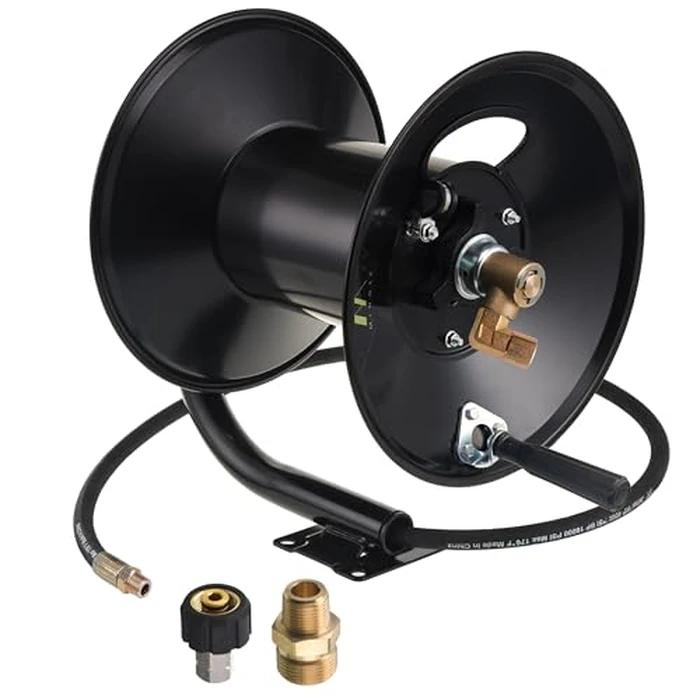 M MINGLE High Pressure Washer Hose Reel 150ft, Heavy Duty Steel Hose Reel, Manual Crank Power Washer Hose Reel with 3/8" Pressure Wash Whip Hose, Swivel Arm and Mounting Bracket, 4000 PSI by M MINGLE - Image 1