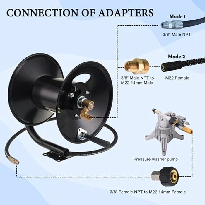 M MINGLE High Pressure Washer Hose Reel 150ft, Heavy Duty Steel Hose Reel, Manual Crank Power Washer Hose Reel with 3/8" Pressure Wash Whip Hose, Swivel Arm and Mounting Bracket, 4000 PSI by M MINGLE - Image 4