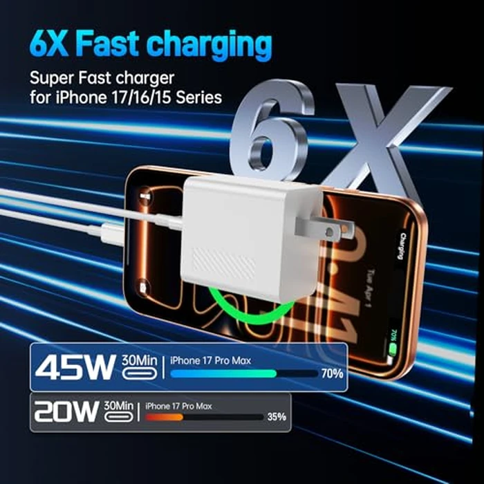 iPhone 17 16 15 Fast Charger, [2 Pack] Apple 45W Fast Wall Charging USB C Charger with Long C to C Charging Cable Cord for 17/17Pro/17Pro Max/ 16/16 Pro/16 Pro Max/16 Plus 15/15 Pro Max/Pro (6ft+10ft) by CyvenSmart - Image 2