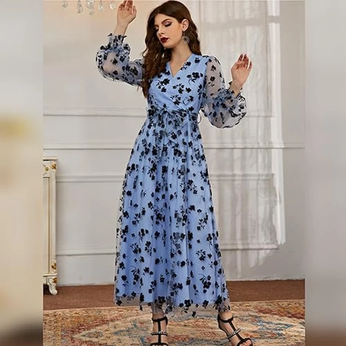 Mesh Embroidered Floral Dress for Women Summer Flower Embroidery Tulle Homecoming Dresses Wedding Guest Formal Dress Puffy Sleeve Prom Dresses Ball Gowns for Women Formal Tulle Long Maxi Dress Blue S by IWEMEK - Used - Like New condition - US$44.54