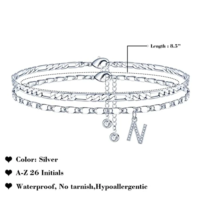 Ursteel Ankle Bracelets for Women, Silver-Plated Anklets for Women Letter N Initial Anklets for Women Dainty Layered Chain Summer Foot Jewelry Gifts for Women Ankle Bracelet by Ursteel - Image 2