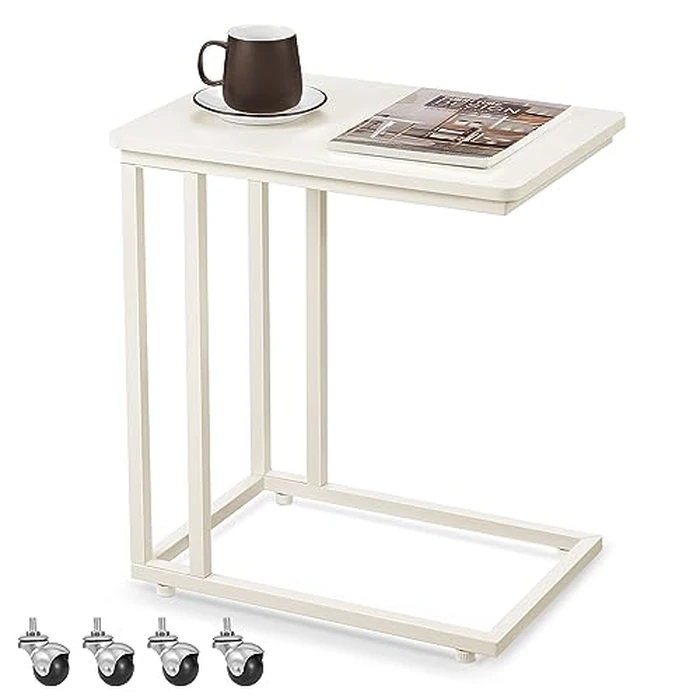 VASAGLE End Table, C Shaped TV Tray with Metal Frame Rolling Casters for Coffee Laptop Mobile Tablet, Industrial Side Table for Living Room Bedroom, 19.7 x 13.8 x 23.6 Inches, Cream White ULNT050W77 by VASAGLE - Image 1