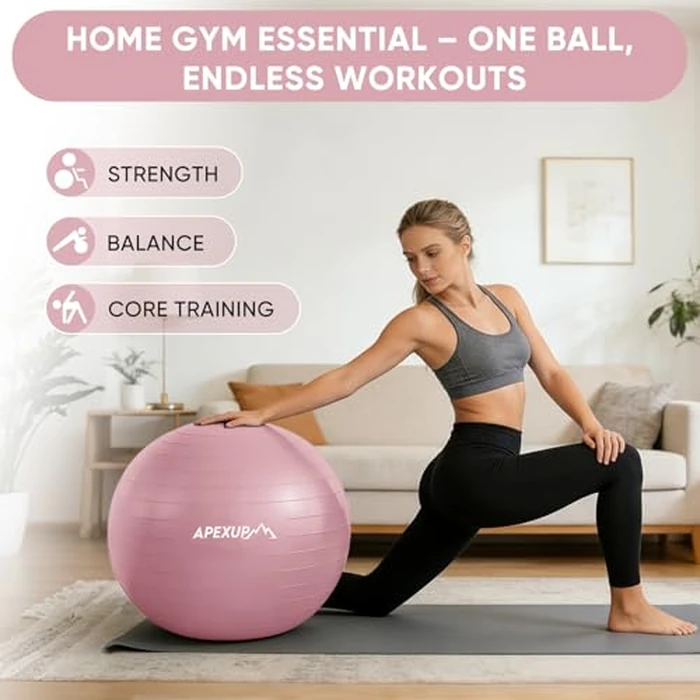 APEXUP Yoga Ball Exercise Ball Anti Slip Heavy Duty for Fitness, Balance & Core Workout, Balance Training, Pregnancy & Physical Therapy, 5 Sizes (M (19"~22) 55cm, Pink) by APEXUP - Image 2