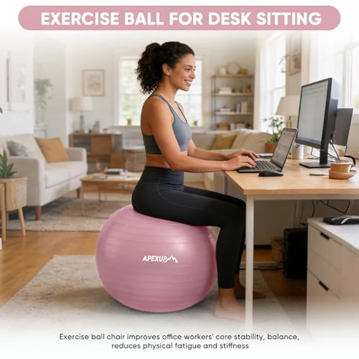 APEXUP Yoga Ball Exercise Ball Anti Slip Heavy Duty for Fitness, Balance & Core Workout, Balance Training, Pregnancy & Physical Therapy, 5 Sizes (M (19"~22) 55cm, Pink) by APEXUP - Image 5