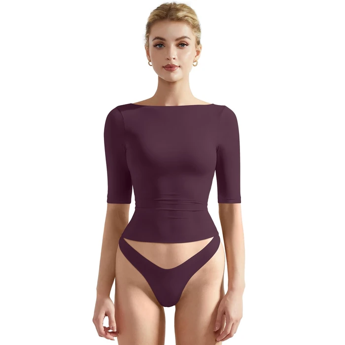 SUUKSESS Women Half Sleeve Boat Neck Tops Double Lined Tight Fitted Shirts Basic Tee (Violet,S) by SUUKSESS - Used - Like New condition - US$25.60