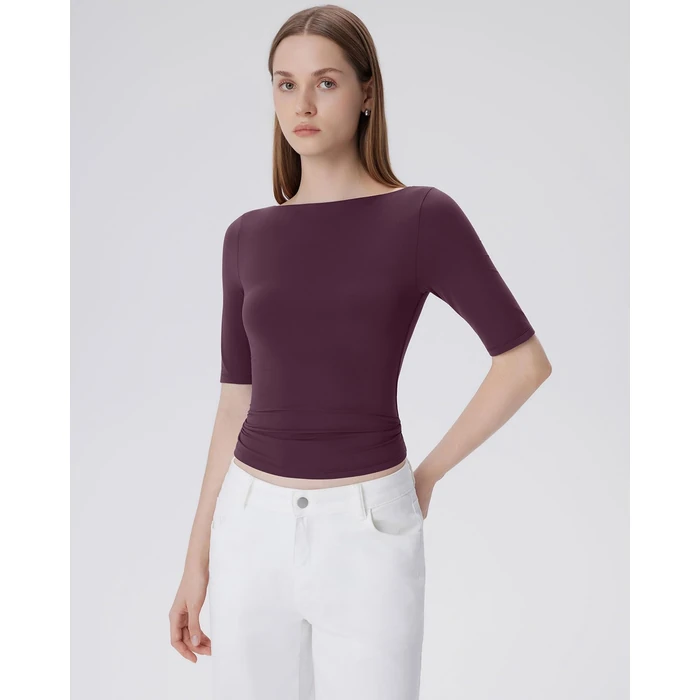 SUUKSESS Women Half Sleeve Boat Neck Tops Double Lined Tight Fitted Shirts Basic Tee (Violet,S) by SUUKSESS - Image 2