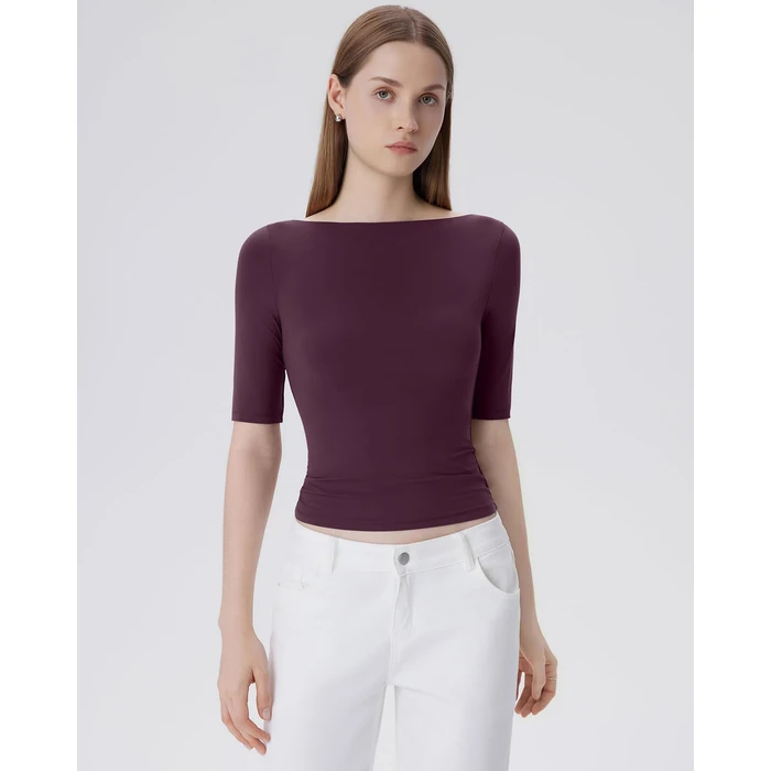 SUUKSESS Women Half Sleeve Boat Neck Tops Double Lined Tight Fitted Shirts Basic Tee (Violet,S) by SUUKSESS - Image 3