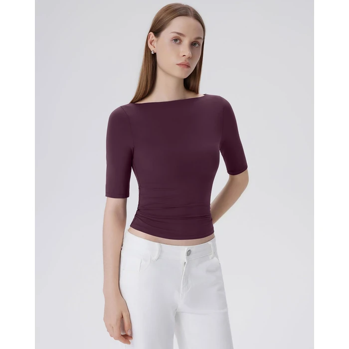 SUUKSESS Women Half Sleeve Boat Neck Tops Double Lined Tight Fitted Shirts Basic Tee (Violet,S) by SUUKSESS - Image 4