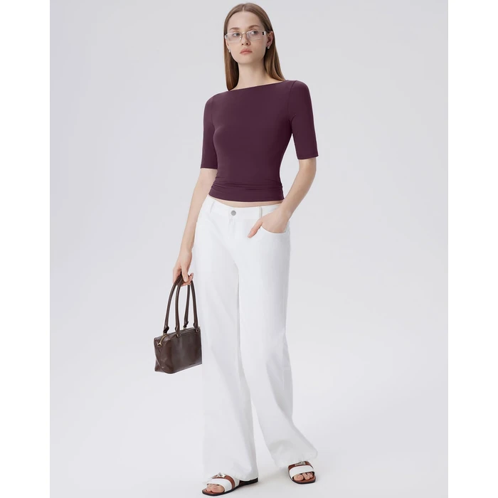 SUUKSESS Women Half Sleeve Boat Neck Tops Double Lined Tight Fitted Shirts Basic Tee (Violet,S) by SUUKSESS - Image 5