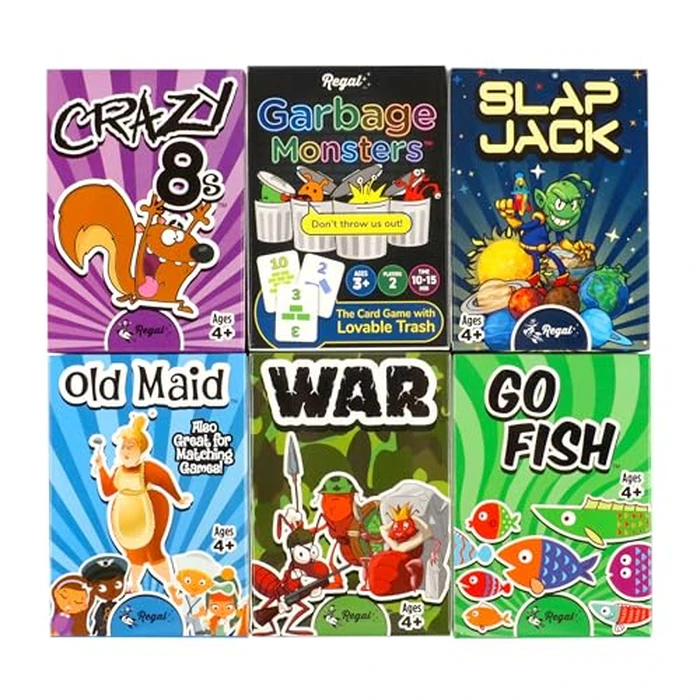 Regal Games Card Games for Kids - Go Fish, Crazy 8's, Old Maid, Slap Jack, Garbage Monster, War - Simple & Fun Classic Family Table Games - Games May Vary (6 Set) by Regal Games - Used - Very Good condition