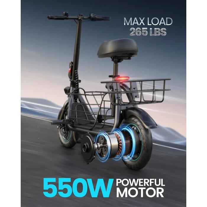Gyroor Electric Scooter with Seat for Adults, 550W Motor up to 30km/h, Foldable Commuter Scooter with Removable Basket for Cargo & Pets by Gyroor - Image 2