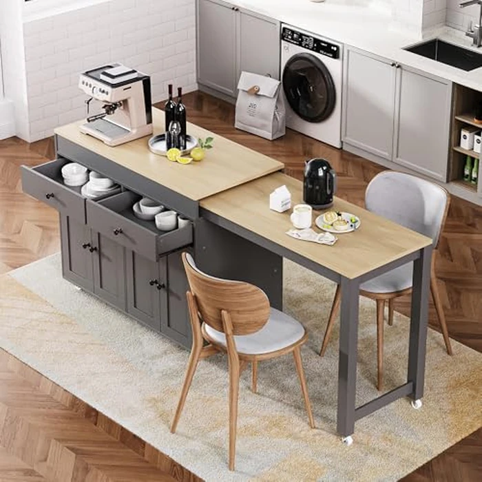 44” Kitchen Island with 27” Extendable Dining Table, 4-Door Cabinet & 2 Drawers, Rolling Storage Cart with Spice Rack, Lockable Wheels, Metal Slide Mechanism, Sturdy & Space-Saving Design, Grey by Noble House Home Furnishings - Used - Acceptable condition