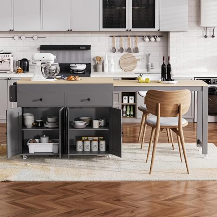44” Kitchen Island with 27” Extendable Dining Table, 4-Door Cabinet & 2 Drawers, Rolling Storage Cart with Spice Rack, Lockable Wheels, Metal Slide Mechanism, Sturdy & Space-Saving Design, Grey by Noble House Home Furnishings - Image 3
