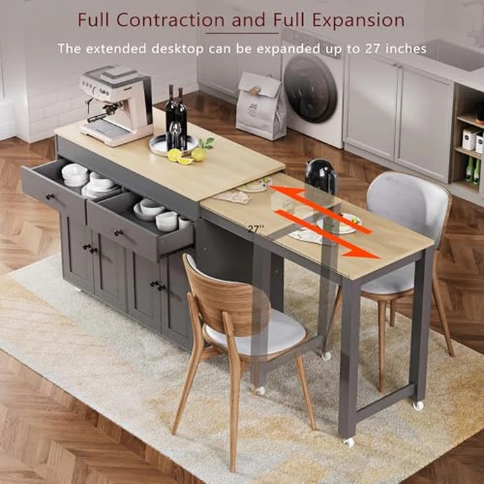 44” Kitchen Island with 27” Extendable Dining Table, 4-Door Cabinet & 2 Drawers, Rolling Storage Cart with Spice Rack, Lockable Wheels, Metal Slide Mechanism, Sturdy & Space-Saving Design, Grey by Noble House Home Furnishings - Image 6