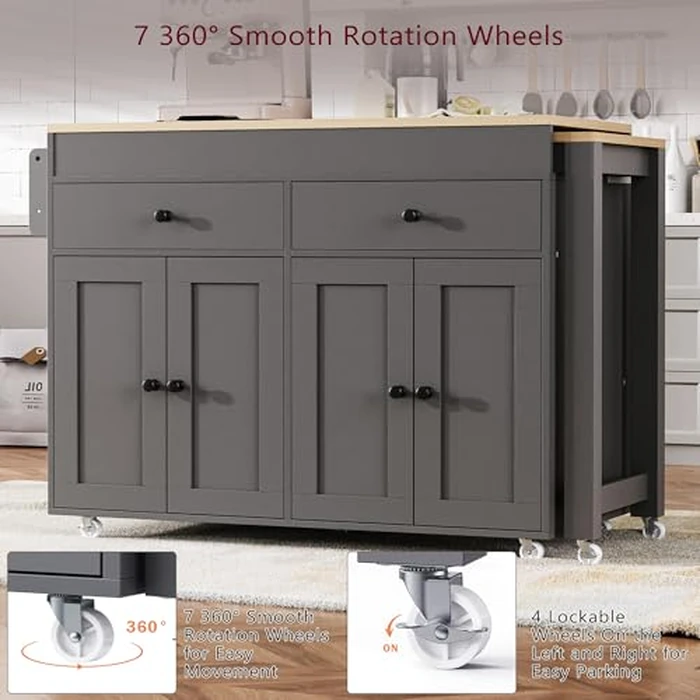 44” Kitchen Island with 27” Extendable Dining Table, 4-Door Cabinet & 2 Drawers, Rolling Storage Cart with Spice Rack, Lockable Wheels, Metal Slide Mechanism, Sturdy & Space-Saving Design, Grey by Noble House Home Furnishings - Image 8