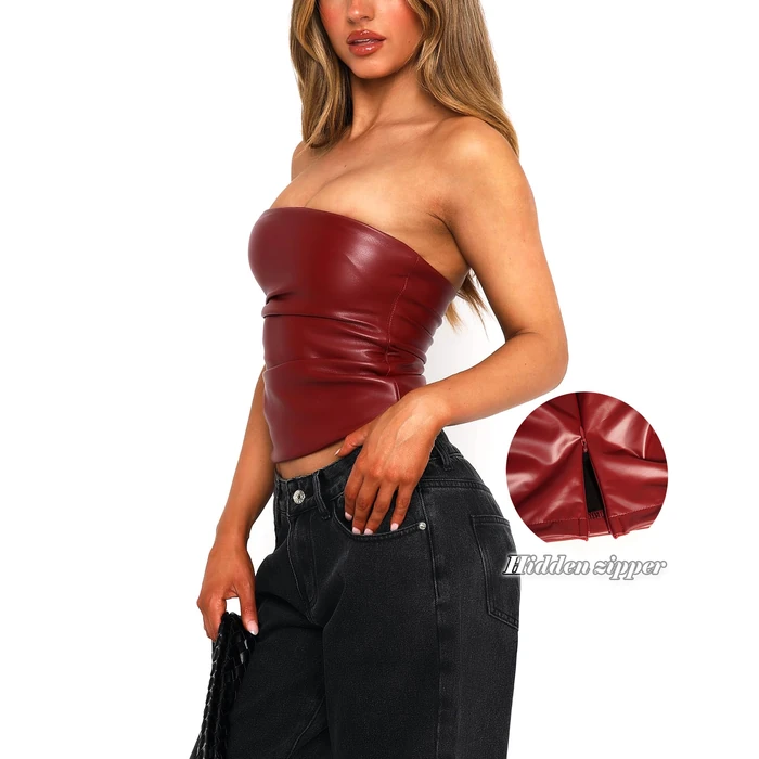 OZICERD Faux Leather Tube Top Strapless Going Out Tops for Women Sexy Club Tops Rave Concert Outfit Ruched Bandeau Crop Top Red S by OZICERD - Image 5