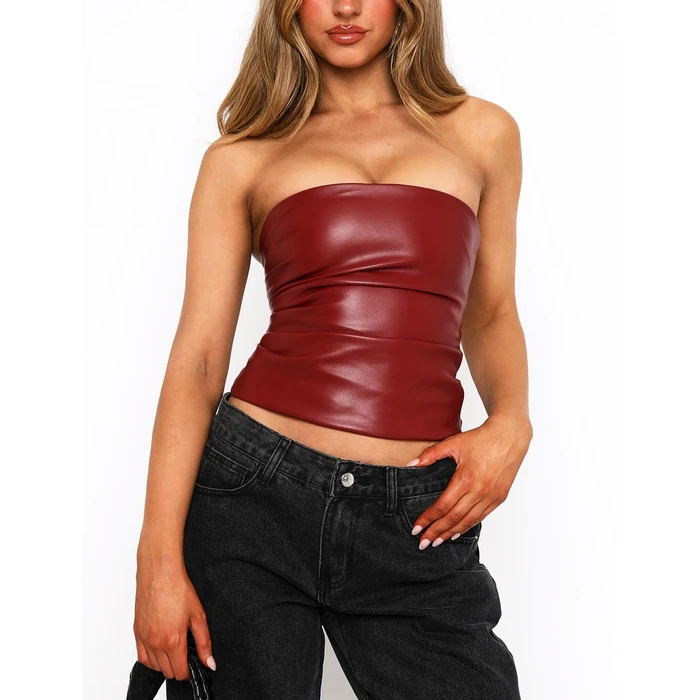 OZICERD Faux Leather Tube Top Strapless Going Out Tops for Women Sexy Club Tops Rave Concert Outfit Ruched Bandeau Crop Top Red S by OZICERD - Image 8