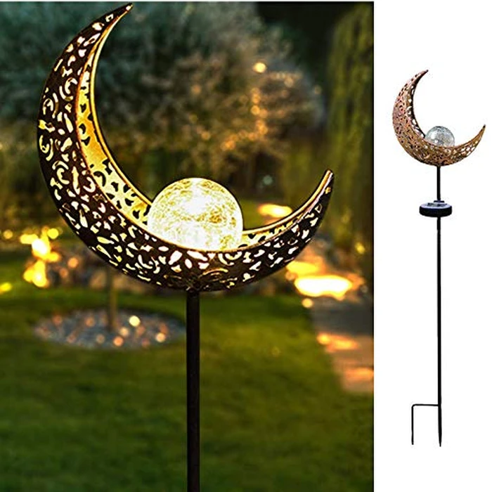 HDNICEZM Solar Garden Light Outdoor Decorative, Moon Decor Crackle Glass Globe Garden Stake Metal Lights，Waterproof Warm White LED for Pathway, Lawn, Patio, Yard Ornaments for Outside by HDNICEZM - Used - Very Good condition