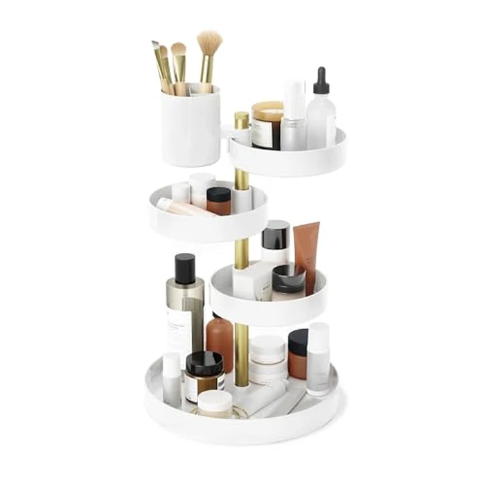 Umbra Pirouette Cosmetic Organizer, Large Capacity Makeup Storage with Adjustable Compartments, White/Brass by Umbra - Used - Acceptable condition - CA$16.84
