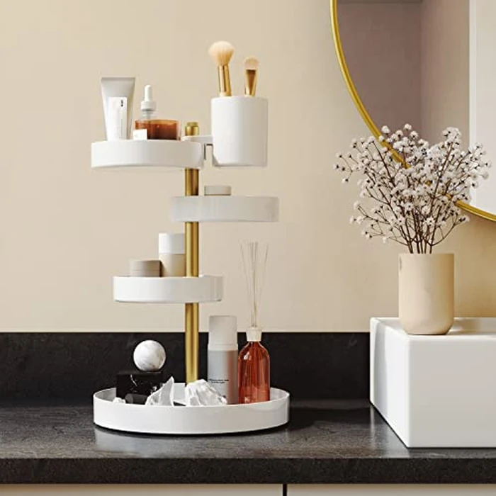 Umbra Pirouette Cosmetic Organizer, Large Capacity Makeup Storage with Adjustable Compartments, White/Brass by Umbra - Image 2
