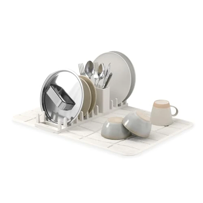 Umbra UDry Dish Drying Rack with Mat - Kitchen Countertop Dish Drainer & Absorbent Microfiber Drying Mat, Foldable Dish Rack Organizer for Plates, Cups & Utensils, Sand by Umbra - Used - Very Good condition - CA$23.79
