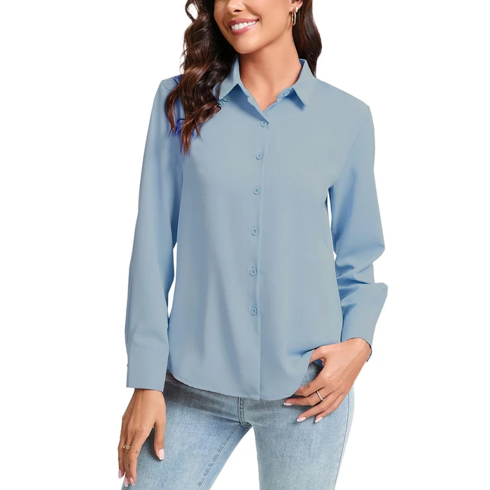 jonivey Womens Basic Smooth Trendy Fashion Button Down Shirts with Plus Size (Mist Blue,S) by jonivey - Image 3