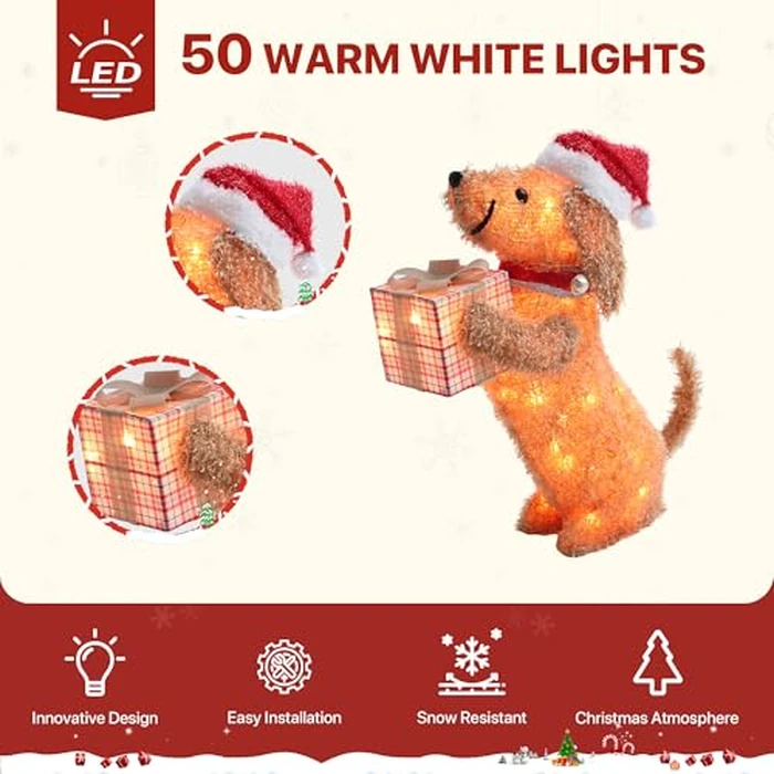 GENIMO Outdoor Dog Christmas Decorations, 24 Inch Outdoor Lighted Holiday Dog Hug Gift Box Decor with 50 Warm Bright Lights, Indoor Outside Decoration for Front Porch Lawn Yard Home Garden Display by GENIMO - Image 6