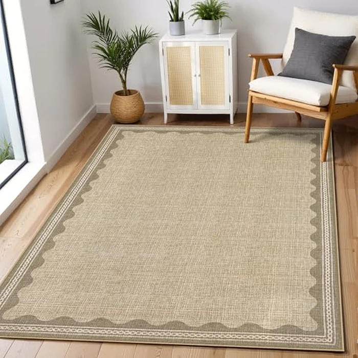 GarveeHome Scalloped 4 x 6 Rug Non-Slip Washable Low-Pile Carpet - Solid Tan Jute Digital Printing Modern Rugs for Bedroom Living Room Nursery Kitchen Indoor Mat with Rubber Back by GarveeHome - Used - Very Good condition - US$22.56