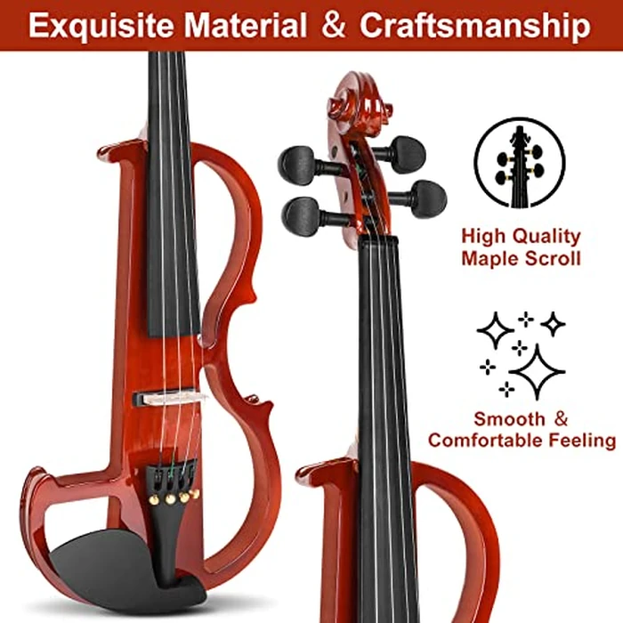 Vangoa Electric Violin 4/4 Full Size Silent Violin Set for Beginner Adults Teens, Solid Maple Wood Metallic Electronic Quite Violin with Ebony Fittings, Red Color by Vangoa - Image 5