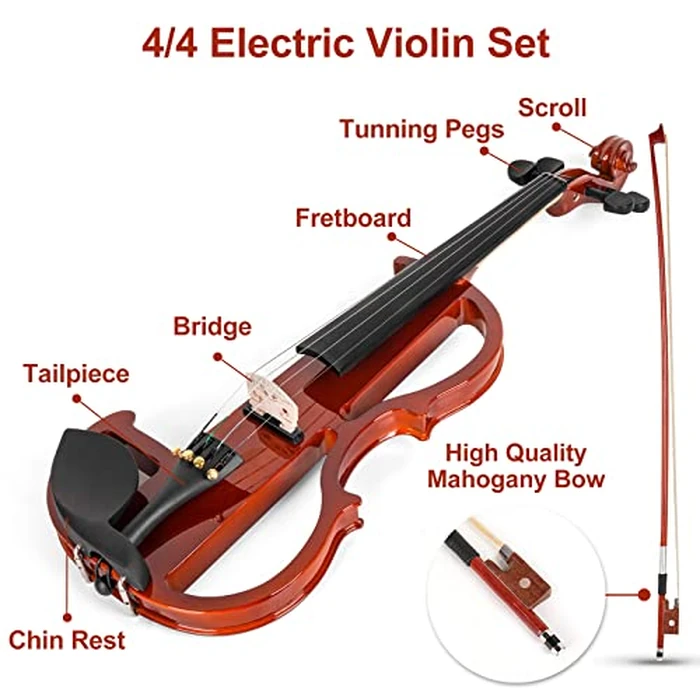 Vangoa Electric Violin 4/4 Full Size Silent Violin Set for Beginner Adults Teens, Solid Maple Wood Metallic Electronic Quite Violin with Ebony Fittings, Red Color by Vangoa - Image 6