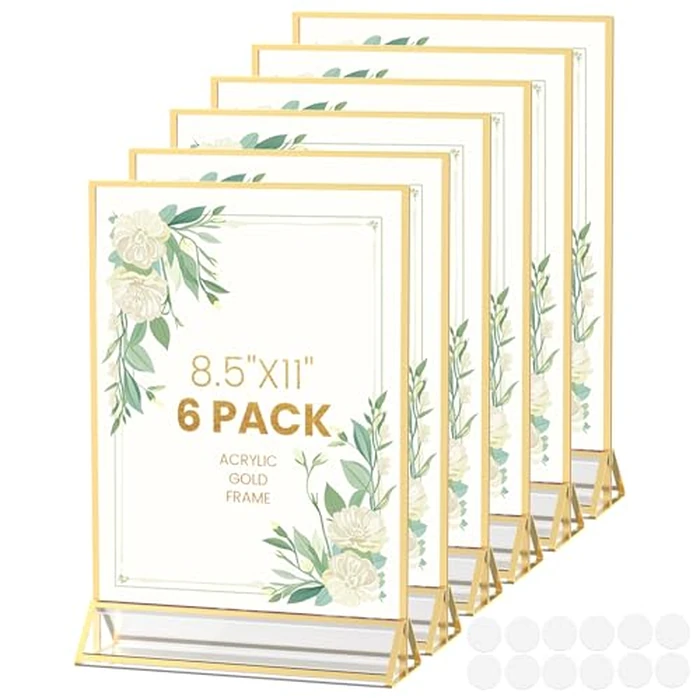 YOAEAILY Acrylic Sign Holder 8.5X11 Gold Frames Double-Sided Gold Picture Frames for Flyer Holder Menu Holder Wedding Table Number Holder Christmas Photo Frame with Removable Sticky Dots -6 Pack by YOAEAILY - Used - Good condition