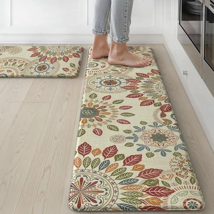 GENIMO Kitchen Mats for Floor 2PCS, Cushioned Kitchen Rugs Non Slip Washable, Farmhouse Anti Fatigue Mat Waterproof, Comfort Standing Mat Rug for Office, Home, Laundry, 17.3"x59"+17.3"x30", Beige&Red by GENIMO - Used - Like New condition