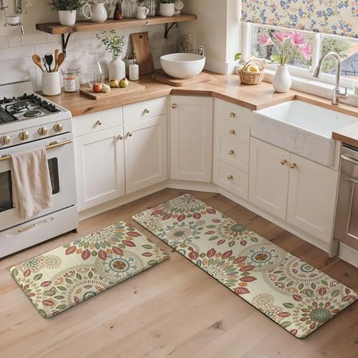 GENIMO Kitchen Mats for Floor 2PCS, Cushioned Kitchen Rugs Non Slip Washable, Farmhouse Anti Fatigue Mat Waterproof, Comfort Standing Mat Rug for Office, Home, Laundry, 17.3"x59"+17.3"x30", Beige&Red by GENIMO - Image 7