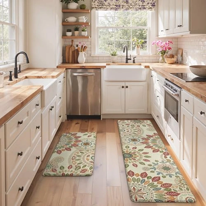 GENIMO Kitchen Mats for Floor 2PCS, Cushioned Kitchen Rugs Non Slip Washable, Farmhouse Anti Fatigue Mat Waterproof, Comfort Standing Mat Rug for Office, Home, Laundry, 17.3"x59"+17.3"x30", Beige&Red by GENIMO - Image 8