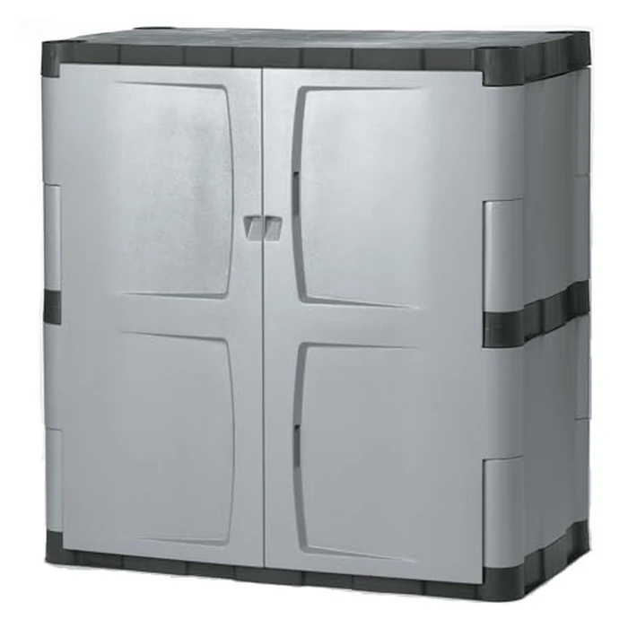 Rubbermaid Freestanding Storage Cabinet with Doors 18"D x 36"W x 37"H Medium Gray/Black Two-Shelf Lockable Cabinet for Indoor/Outdoor/Garage Storage for Garden Tools/Lawn Care Accessories by Rubbermaid - Used - Like New condition - US$135.59