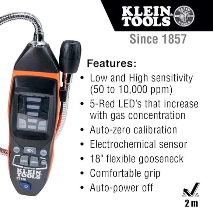 Klein Tools ET120 Gas Leak Detector, Combustible Gas Leak Tester with 18-Inch Gooseneck Has Range 50-10,000 ppm, Includes Pouch, Batteries by KLEIN TOOLS - Image 3
