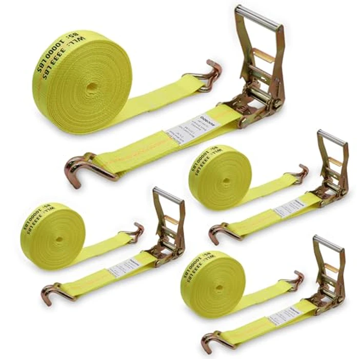 Rucado 2 Inch x 30 Ft Ratchet Straps Heavy Duty 4 Pack, 10,000 lbs Breaking Strength, Tie Down Straps Ratchet with Double J Hooks, Cargo Ratchet Straps for Trailer, Truck, ATV, Cargo, Yellow by Rucado - Used - Very Good condition
