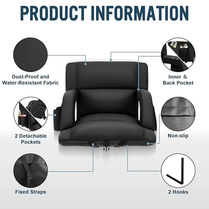 Stadium Seats with Backs Support, 26'' Extra Wide Bleacher Seats with 6 Reclining Positions, Armrests＆Wide Cushion, Sofa Style Design, Folding Stadium Chair for Sports Outdoor Event (1 Pack Black) by YULUOO - Image 6