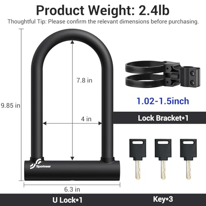 Sportneer Bike Lock, 18mm Heavy Duty Bike U Lock 9.85''x6.3'' Size with 3 Keys Anti Theft Secure Locks for Bikes, E-Bikes, Motorbikes, Scooters by Sportneer - Image 4