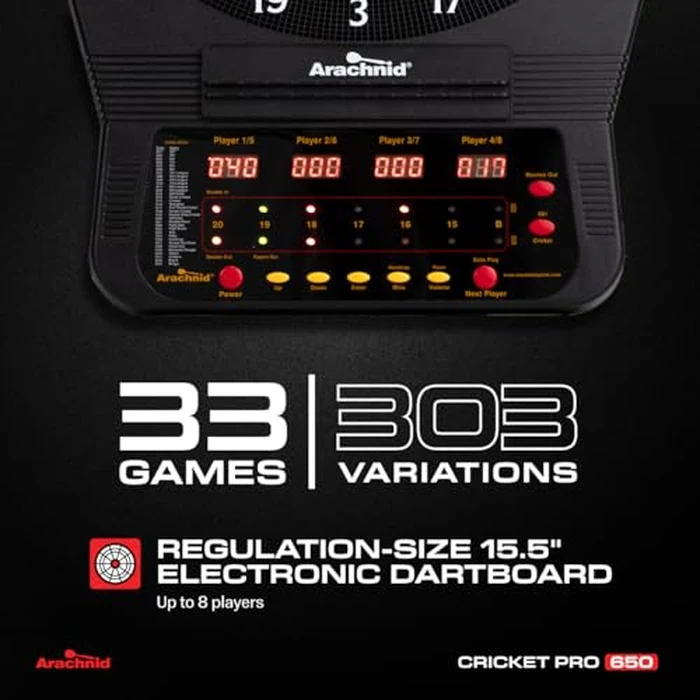Arachnid Cricket Pro 650 Electronic Dartboard - 15.5” Regulation Size - 33 Games with 303 Variations - 8-Player LED Score Display by Arachnid - Image 2
