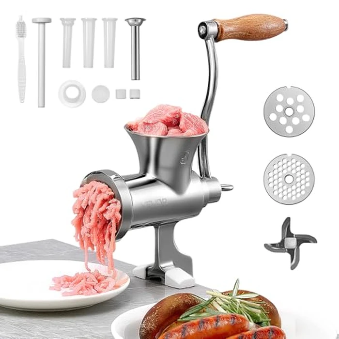 VEVOR Manual Meat Grinder, 304 Stainless Steel Hand Crank Meat Mincer with Steel Table Clamp, Sausage Stuffer with 2 Cutting Plates & 4 Sausage Tubes, Food Grinder for Beef Chili Pork Kitchen Tabletop by VEVOR - Used - Acceptable condition