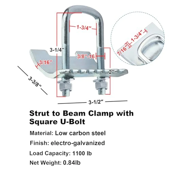 heneng 4 Pcs Strut Beam Clamp for 1-5/8" Strut Channel, 1100 lbs Load Capacity (Each), Square U-Bolt Beam Clamp by heneng - Image 2