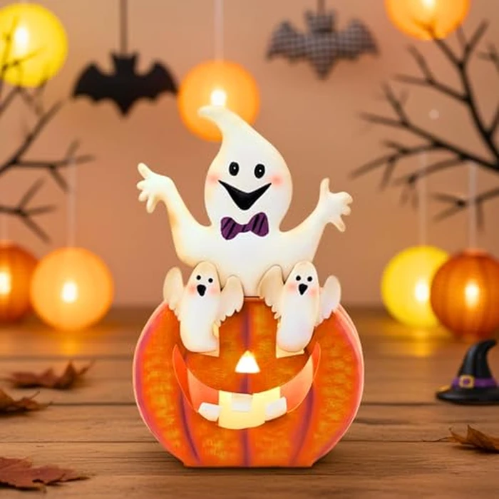 TERESA'S COLLECTIONS Halloween Decorations, Ghost and Pumpkin Halloween Decor, Large Ghost and Orange Jack O Lantern with Light, 12", Metal Outdoor Garden Statue, Indoor/Outdoor by TERESA'S COLLECTIONS - Used - Like New condition - US$10.65