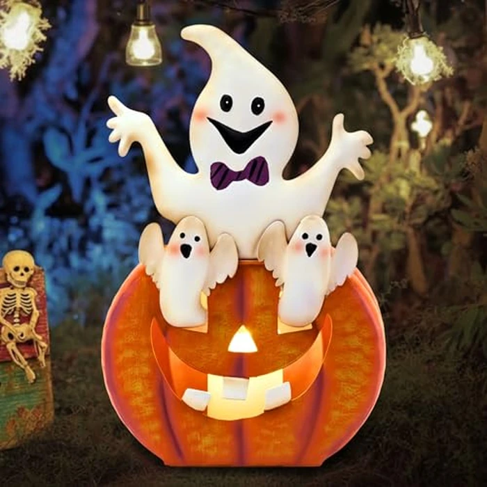 TERESA'S COLLECTIONS Halloween Decorations, Ghost and Pumpkin Halloween Decor, Large Ghost and Orange Jack O Lantern with Light, 12", Metal Outdoor Garden Statue, Indoor/Outdoor by TERESA'S COLLECTIONS - Image 3