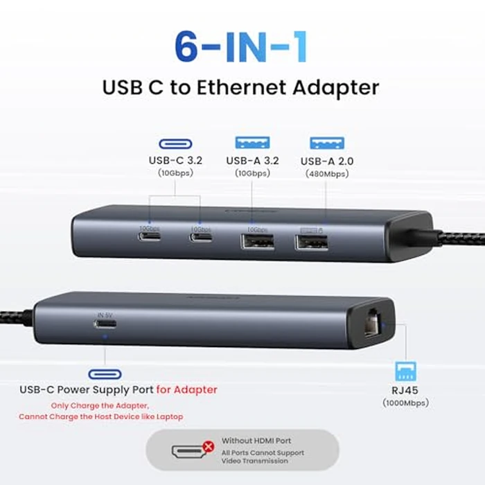 UGREEN USB C to Ethernet Adapter, 10Gbps Data Port 6-in-1 Hub Ethernet with 2*USB-C 3.2, USB-A 3.2/2.0, Gigabit RJ45, Power Port (Only for Adapter), Type C to Network Dongle for Laptop, MacBook, XPS by UGREEN - Image 2