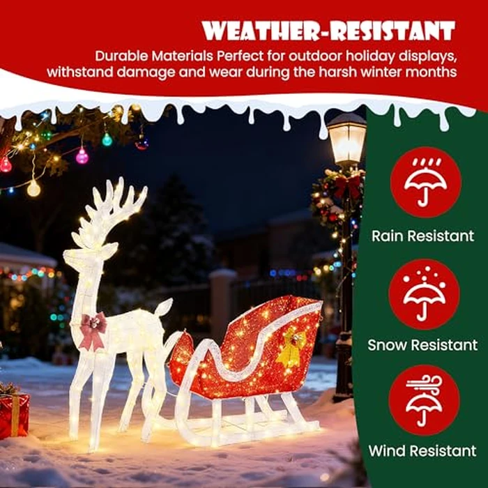 Sweetcrispy Lighted Christmas Reindeer & Santa Sleigh Set, Xmas Pre-Lit Yard Decoration w/ 180 LED Lights, 4 FT Holiday Deer & Sled for Garden Lawn Patio Display, White Reindeer-Red Santa Sleigh by Sweetcrispy - Image 3