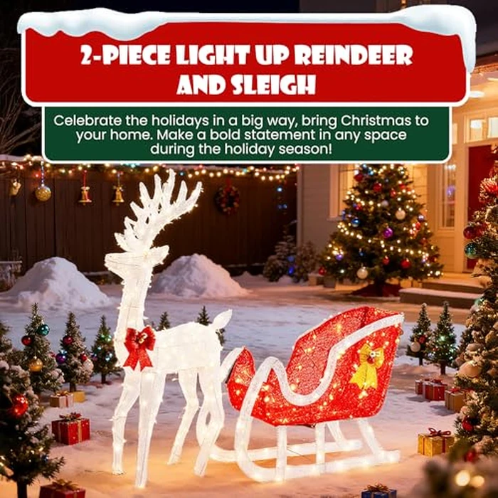 Sweetcrispy Lighted Christmas Reindeer & Santa Sleigh Set, Xmas Pre-Lit Yard Decoration w/ 180 LED Lights, 4 FT Holiday Deer & Sled for Garden Lawn Patio Display, White Reindeer-Red Santa Sleigh by Sweetcrispy - Image 6