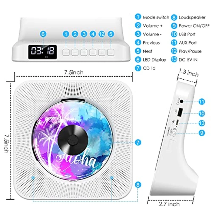 Gueray Portable CD Player with Bluetooth, Desktop CD Music Players for Home with Speakers and Remote Control, Support AUX&USB FM Radio Cool Men's Music Lovers Christmas Birthday Gifts,Cool Room Decor by Gueray - Image 4